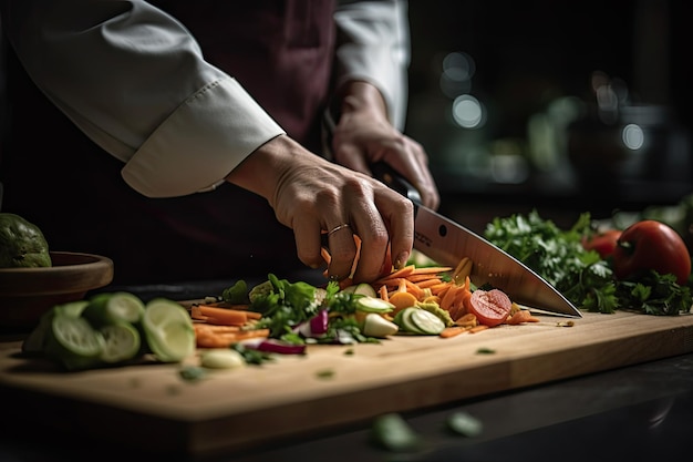 Foto um chef cortando legumes em uma tábua de cortar