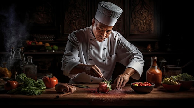 Um chef cortando legumes na cozinha de um restaurante