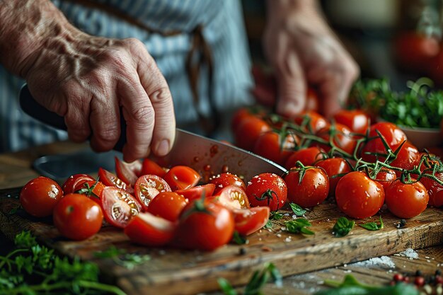 Um chef cortando tomates perto das mãos quente luz dura em uma mesa de cozinha de madeira muitos vegetais no balcão
