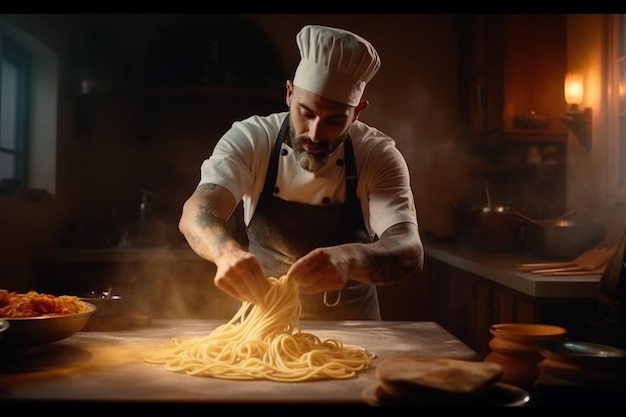 Um chef cozinhando na cozinha