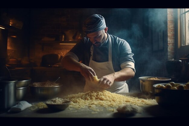 Um chef cozinhando na cozinha