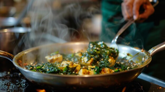 Foto um chef cozinhando saag paneer perfumado, um prato clássico do norte da índia com espinafre e queijo