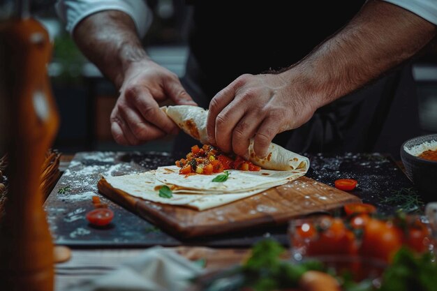 Um chef criando uma versão vegana de enchiladas