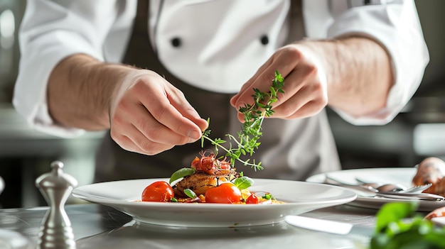 Um chef cuidadosamente espalha ervas frescas sobre um prato de aparência deliciosa para dar o toque final antes de servi-lo ao cliente