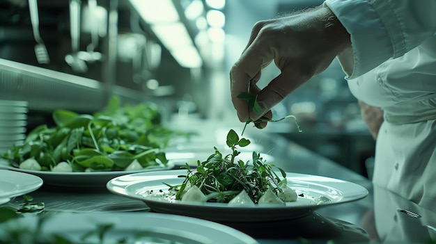 Um chef cuidadosamente espalha microgreens em um prato de comida, acrescentando o toque final a uma refeição deliciosa