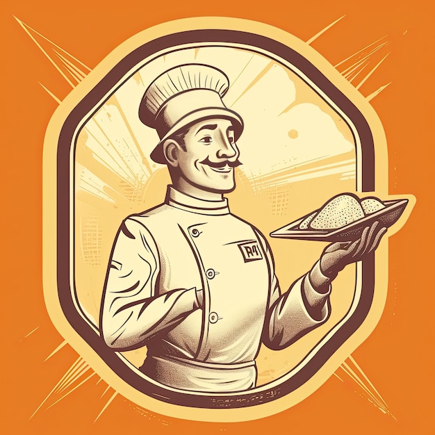 Um chef de desenho animado segurando uma baguete e um prato no estilo de laranja claro e bronze Generative AI