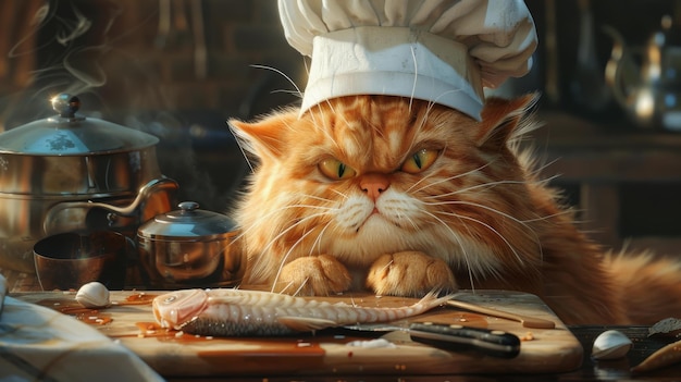 Foto um chef de gato persa animado com um olho crítico examinando um peixe cru em uma tábua de cortar