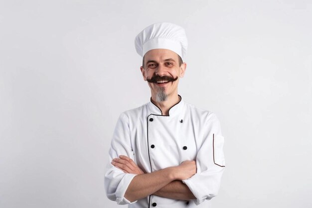Um chef de homem com barba e bigode em um uniforme branco cumprimenta os clientes Fundo branco