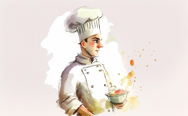 um chef de homem desenhado em ilustrações de restaurante em aquarela de fundo branco geradas por ai