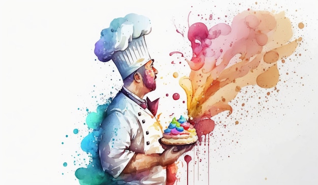 Um chef de homem desenhado em ilustrações de restaurante em aquarela de fundo branco geradas por ai