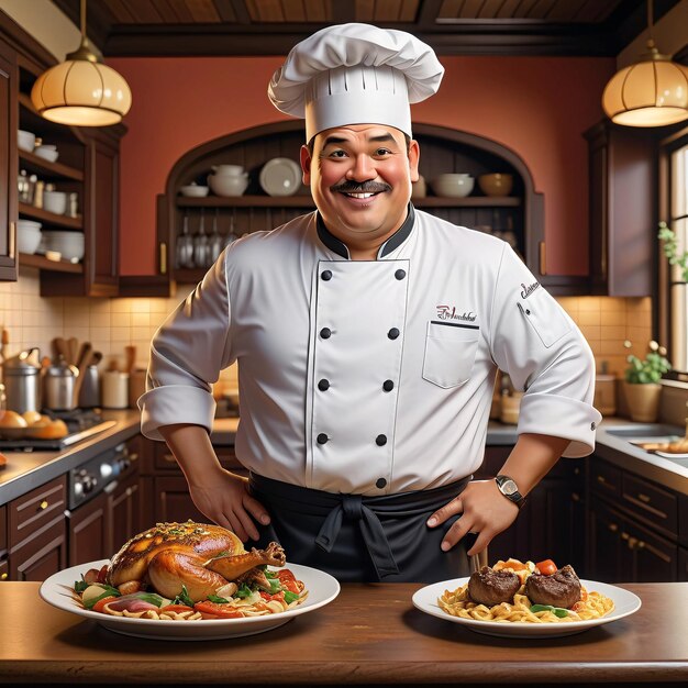 um chef de pé na frente de um prato de comida