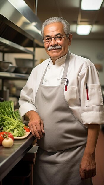 Foto um chef de pé na frente de um prato de vegetais