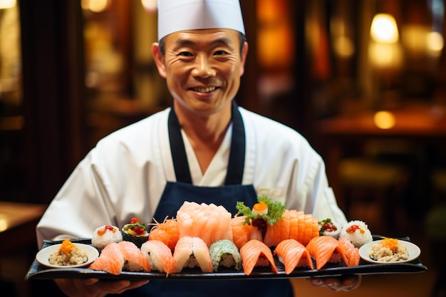 Foto um chef de sushi apresentando um prato de peixe de alta qualidade