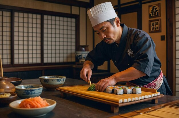 Foto um chef de sushi preparando rolos de sushi em um restaurante