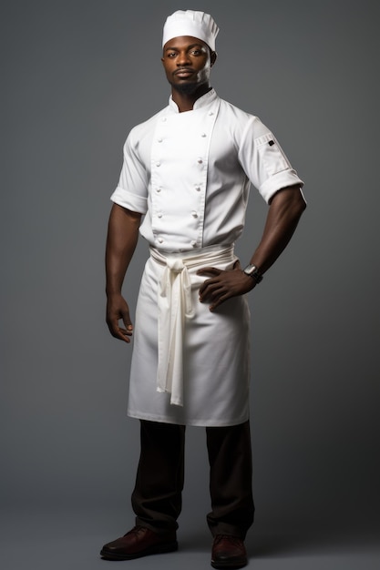 Um chef de uniforme branco com a mão no quadril.