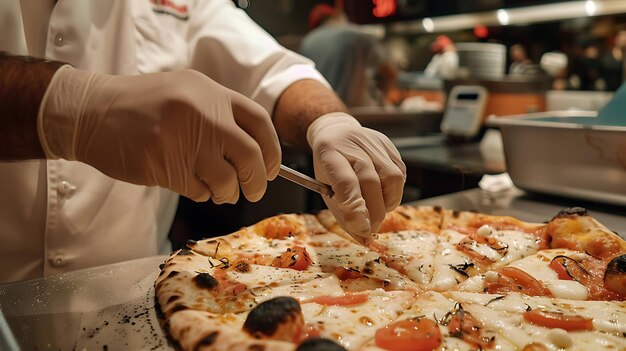 Um chef de uniforme branco e luvas está cuidadosamente adicionando os toques finais a uma pizza