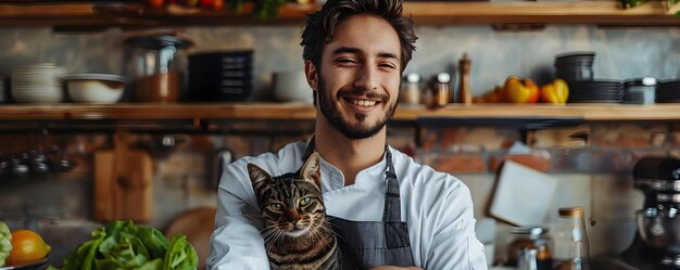 Foto um chef de uniforme limpo observando um gato em seu espaço de trabalho conceito desastres culinários convidados inesperados chefes profissionais interrupções peludas surpresas culinárias