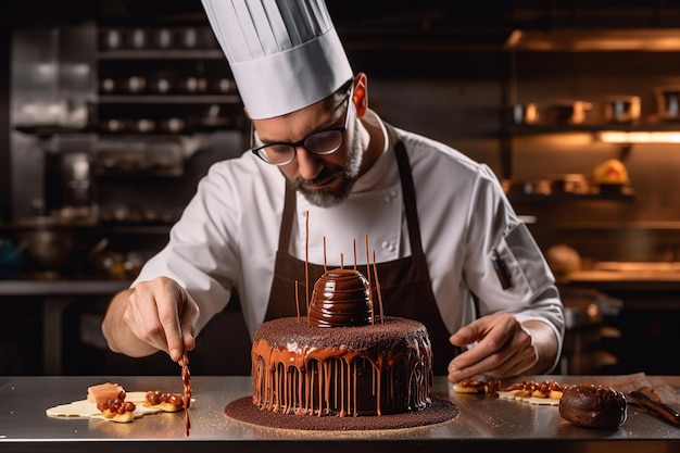 Um chef decorando um bolo em um restaurante
