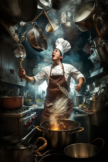 Um chef em uma cozinha com uma panela e mais panelas de comida penduradas no teto