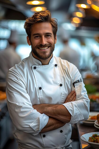 Foto um chef em uniforme de chef está em uma cozinha