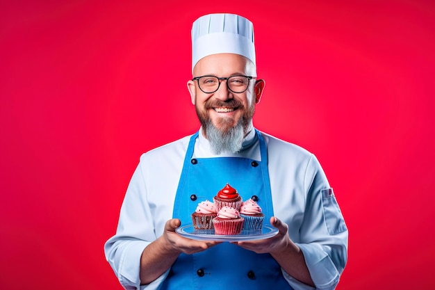 Um chef engraçado mostra seus bolos recém-preparados em um fundo colorido gerado por Ai