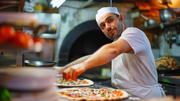 Um chef especialista fazendo pizza na cozinha de um restaurante mostrado em close-up ai gerativa