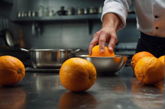 Um chef espremando laranjas para suco fresco em uma cozinha