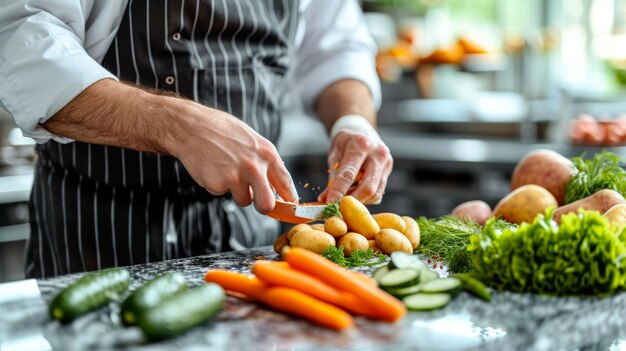 Um chef está cortando legumes em uma tábua de cortar