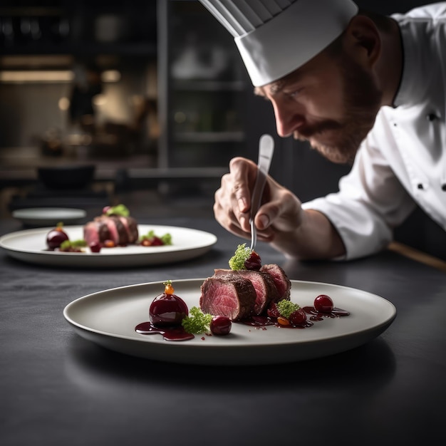 Um chef está cortando um pedaço de carne com um garfo.