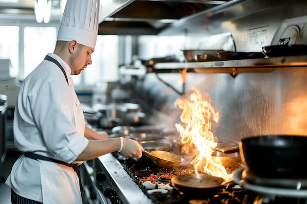 Foto um chef está cozinhando comida em uma cozinha grande