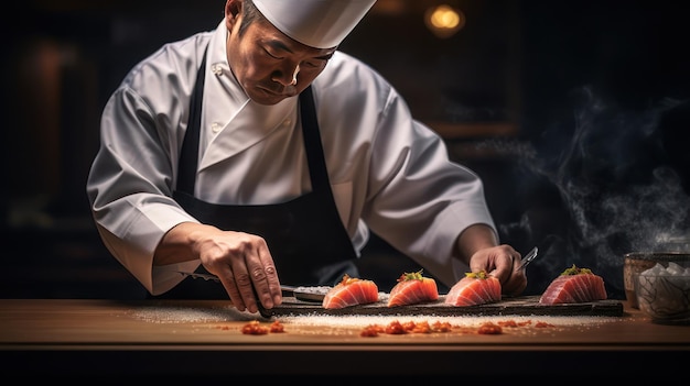 Foto um chef está cozinhando e preparando um prato de sushi fresco em uma bandeja de madeira