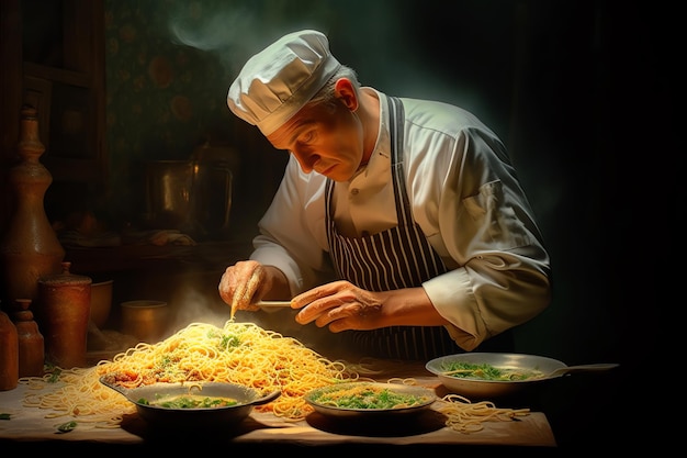 Um chef está cozinhando espaguete em um restaurante