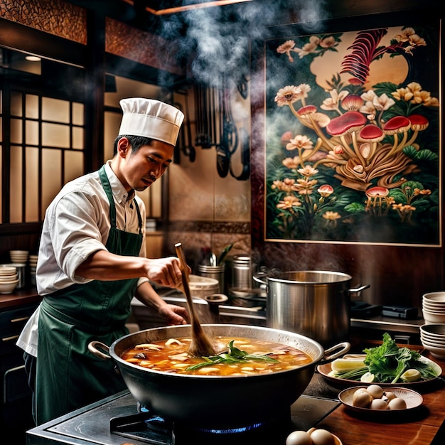 Foto um chef está cozinhando sopa em uma panela no fogão em uma cozinha