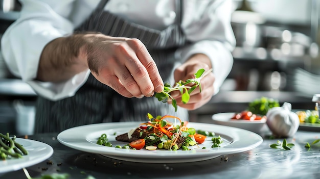 Um chef está cuidadosamente adicionando os toques finais a um prato de comida de aparência deliciosa. O chef está vestindo um casaco de chef branco e um avental preto.