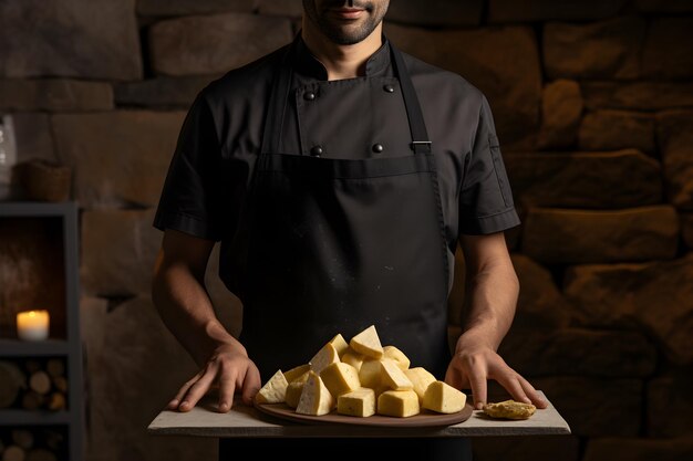 Um chef está de pé em frente a uma fatia de queijo.