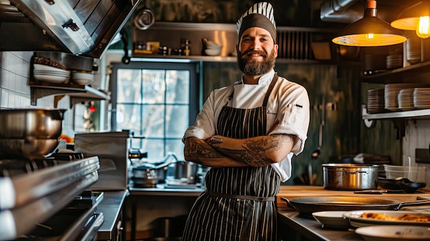 Um chef está de pé em sua cozinha braços cruzados encarnando a serenidade em meio ao caos culinário