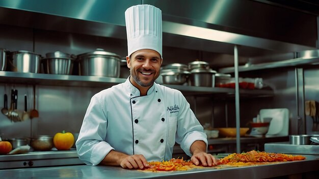 um chef está em uma cozinha com uma bandeja de macarrão e vegetais