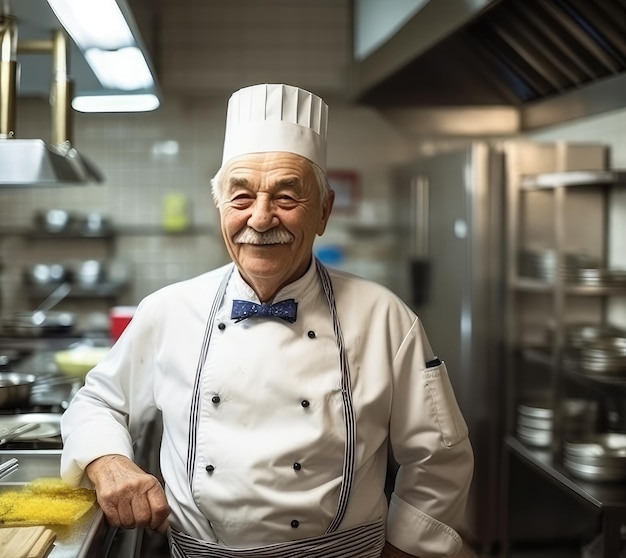 Um chef está em uma cozinha com uma esponja amarela.