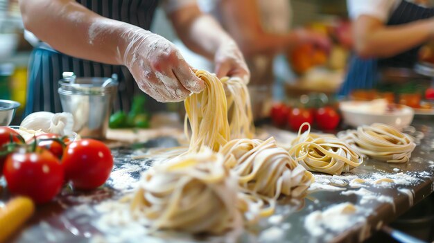 Foto um chef está fazendo pasta em uma cozinha comercial ele está usando uma chitarra para cortar a massa de pasta em fios finos