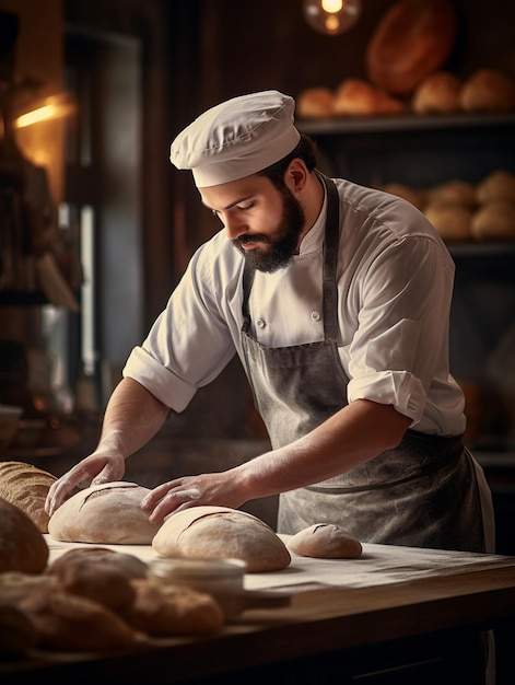 Um chef está preparando massa de pão na cozinha