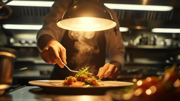 Foto um chef está preparando um prato em um restaurante o chef está cuidadosamente arranjando a comida no prato e enfeitando-a com ervas