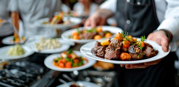 Um chef está segurando um prato de comida com uma variedade de pratos, incluindo carne