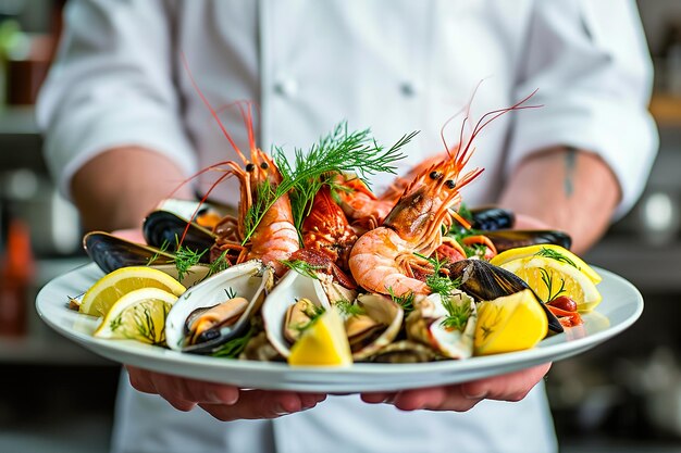 Foto um chef está segurando um prato de frutos do mar, incluindo mexilhões de camarão