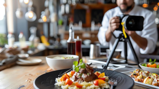 Foto um chef está tirando uma foto de um prato de comida. a comida é estilizada com microgreens e o prato está em uma mesa de madeira.