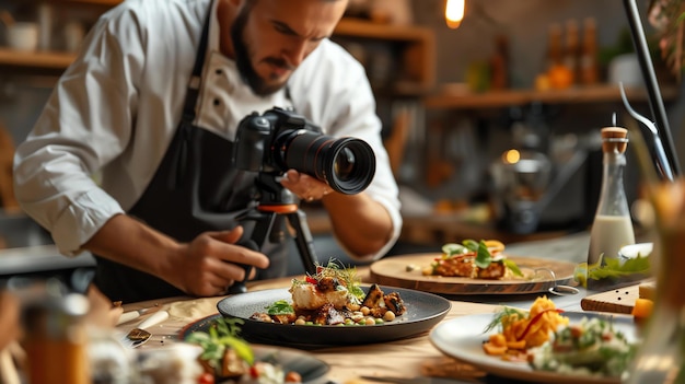 Um chef está tirando uma foto de um prato de comida O chef está vestindo um casaco de chef branco e um avental preto O prato de alimentos está em uma mesa de madeira