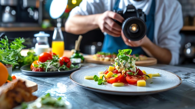 Foto um chef está tirando uma foto de um prato de comida. o prato tem uma salada com tomates, mozzarella e manjericão. o chef está usando uma câmera canon.