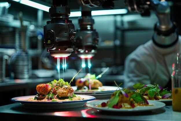 um chef está trabalhando atrás de um balcão com pratos de comida