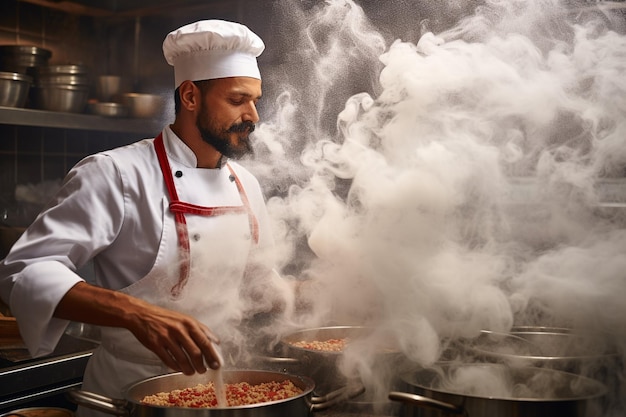 Um chef experiente adiciona sal a uma panela de água fervente cozinhando espaguete italiano na cozinha