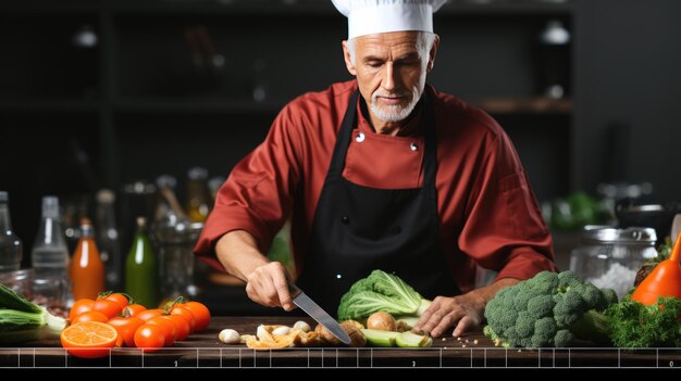 Um chef experiente cortando vegetais no balcão para cozinhar dentro de casa