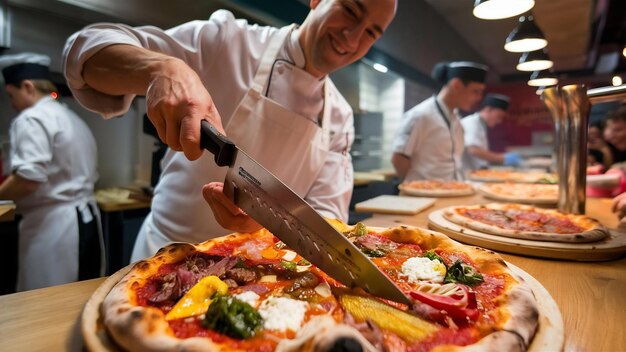 Um chef experiente está cortando pizza recém-preparada com uma faca especial